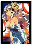  1girl absurdres bare_shoulders breasts choker cleavage down_blouse green_eyes highres huge_filesize japanese_clothes kimono kusanagi_tonbo lantern large_breasts leaning_forward mask obi off_shoulder original paper_lantern parted_lips pouch scan silver_hair solo tail tiger_tail yukata 