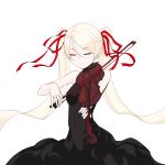  blonde_hair closed_eyes dress instrument instruments kazuoki long_hair ribbon ribbons simple_background smile solo twintails violin 