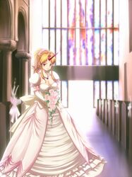  blonde_hair breasts bride church cleavage dress flower highres horn horns hoshiguma_yugi hoshiguma_yuugi tdk touhou wedding_dress 