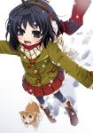 1girl black_hair boots copyright_request dog earmuffs kaisanbutsu open_mouth scarf solo thighhighs