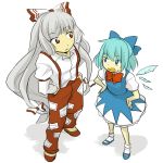  aqua_hair blue_eyes bow cirno from_above fujiwara_no_mokou grey_hair hair_bow hands_in_pockets hands_on_hips multiple_girls red_eyes ririvery sidelocks simple_background standing sweat tomo_(artist) touhou wings 