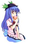  a_utopia eating food fruit hat hinanawi_tenshi hirase_yuu holding holding_fruit leaf oekaki peach red_eyes solo touhou 