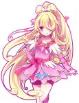  1girl aida_mana anthiea blonde_hair cure_heart dokidoki!_precure hand_on_hip heart highres licking_lips long_hair pink_eyes ponytail precure simple_background solo very_long_hair white_background wink 