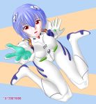  ^jj^ ayanami_rei blue_hair bodysuit foreshortening gloves hair_ornament hairclip hands neon_genesis_evangelion outstretched_arm outstretched_hand plugsuit reach reaching red_eyes short_hair sitting 