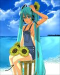 bad_id breasts flower hatsune_miku jirou_(slept) naked_overalls overalls sideboob sunflower twintails vocaloid 