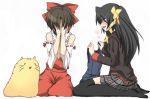  1girl blush brown_hair cat cosplay crossdressing crossdressinging crossover doruji embarrassed facepalm hakurei_reimu hakurei_reimu_(cosplay) hand_over_face kneeling kurugaya_yuiko little_busters! little_busters!! long_hair masayu naoe_riki one-piece_swimsuit parody ribbon ribbons ruined_for_marriage school_swimsuit short_hair swimsuit thigh-highs thighhighs touhou trap zettai_ryouiki 