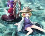 date_hajime eyes hat moriya_suwako purple_hair ribbon rope skirt touhou water yasaka_kanako