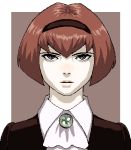  bob_cut brooch brown_hair expressionless grey_eyes hairband jewelry lips looking_at_viewer lowres oekaki pale pale_skin portrait r_dorothy_wayneright red_hair redhead short_hair simple_background solo the_big_o ug 
