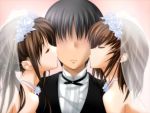  blush bridal_veil bride brown_hair cheek_kiss choker closed_eyes double_cheek_kiss dress faceless faceless_male hizuki_ayumi hizuki_suzune kiss multiple_girls ringetsu siblings take_your_pick veil wedding wedding_dress 