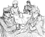  akagi_shigeru berserk cape crossover cup gar guts hat jojo_no_kimyou_na_bouken kamina kamina_shades kujo_jotaro kuujou_joutarou manly monochrome sketch sunglasses table tea teacup tengen_toppa_gurren_lagann the_gar_club 