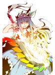 :d azuma_syoujuan blue_hair fire food frills fruit hat hinanawi_tenshi leaf long_hair open_mouth peach peaches purple_eyes skirt smile solo sword sword_of_hisou touhou weapon