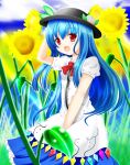  blue_hair flower food fruit hat hinanawi_tenshi komatsu_nameiya long_hair peach ribbon sunflower touhou 