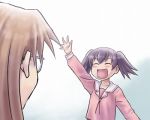  azumanga_daioh azumanga_daiou bad_id brown_hair closed_eyes glasses lowres mizuhara_koyomi school_uniform shiwashiwa_no_kinchakubukuru short_hair smile takino_tomo twintails wave waving 