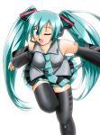  detached_sleeves hatsune_miku open_mouth solo thighhighs twintails vocaloid wink 