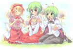  alternate_hairstyle antennae ascot blonde_hair blush braid buggirl butterflies butterfly cape closed_eyes cross flower green_eyes green_hair hair_ribbon hairband happy insect_girl kazami_yuuka medicine_melancholy multiple_girls oimo plaid plaid_skirt plaid_vest red_eyes ribbon short_hair shy skirt skirt_set smile sunflower sweat touhou twin_braids wriggle_nightbug 