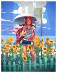  1girl absurdres bag bare_legs bare_shoulders blue_sky breasts cleavage clouds fence flower highres huge_filesize jewelry long_hair midriff navel necklace nintendo_ds original parasol purse red_eyes redhead scan see-through short_shorts shorts sky smile solo standing sunflower sunglasses sunlight tank_top umbrella very_long_hair vofan 