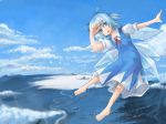  barefoot blue_hair cirno flying ribbon short_hair touhou wings yuuta_(tokoton_hirune_hiyori) 