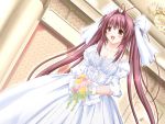  blush bouquet bouquets bow breasts brown_eyes chocolat_maid_cafe_curio dress flower game_cg gloves gown hair_bow hair_intakes large_breasts manai_misato nekonyan open_mouth twintails wedding_dress 