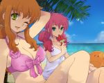  arch_(artist) beach bikini breasts brown_hair christina_sierra cleavage feldt_grace green_eyes gundam gundam_00 multiple_girls palm_tree pink_hair plum_(arch) popsicle sky swimsuit tree wink 