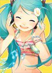  bad_id bikini bracelet casual casual_clothes closed_eyes digital_media_player flower hair_flower hair_ornament hands_on_headphones hatsune_miku headphones jewelry long_hair microphone mp3_player nail_polish navel simple_background striped swimsuit twintails vocaloid wakana_(artist) 