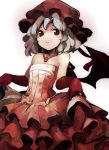  1girl absurdres alternate_costume bare_shoulders bat_wings dress elbow_gloves frilled_dress frills gloves hat highres jewelry lavender_hair matakom necklace pendant red_eyes red_gloves remilia_scarlet revision short_hair silver_hair skirt_hold smile solo strapless_dress touhou wings 