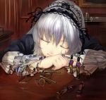  armor canon closed_eyes flower frills gothic gothic_lolita hair_ornament hairband hat head_rest horse indoors knight lolita_fashion long_hair moruga ribbon rifle rose rozen_maiden silver_hair sleeping soldier solo spear suigintou table toy wall 
