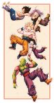  5boys ^_^ annoyed antennae armor black_eyes black_hair blonde_hair blue_eyes boots border bruise bubble bubble_background closed_eyes crossed_arms d: dirty dirty_clothes dirty_face dragon_ball dragon_ball_z expressionless falling father_and_son finger_on_forehead fingernails floating_hair frown full_body hand_on_another&#039;s_shoulder happy highres holding_hands injury long_hair looking_at_another looking_away looking_down looking_up male_focus mattari_illust multiple_boys nipples open_mouth outside_border pants pectorals piccolo pink_background polka_dot polka_dot_background profile purple_hair serious shirt shirtless simple_background son_gohan son_gokuu spiky_hair super_saiyan sweatdrop teeth torn_clothes torn_legwear torn_pants torn_shirt trunks_(future)_(dragon_ball) twitter_username two-tone_background upper_teeth vegeta white_background white_footwear wristband yellow_footwear 