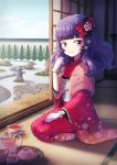  1girl bangs blue_sky blunt_bangs bow bush cup day full_body gloves hair_bow hand_up indoors japanese_clothes ootori_chacha path purple_hair red_bow seiza sitting sky sliding_doors solo stone_lantern tatami teacup teapot tokyo_7th_sisters tray umi_kamome violet_eyes white_gloves 