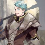  1boy armor axe blue_eyes blue_hair caspar_von_bergliez fire_emblem fire_emblem:_three_houses gloves mikami open_mouth solo teeth upper_body 