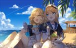  2girls artist_name beach blonde_hair blue_eyes blue_sailor_collar blue_sky clouds commentary_request dated day dress food gloves hat highres ice_cream janus_(kantai_collection) jervis_(kantai_collection) kantai_collection kumin_(6939359) long_hair multiple_girls outdoors sailor_collar sailor_dress sailor_hat shade short_hair short_sleeves sitting sky smile upper_body white_dress white_gloves white_headwear 