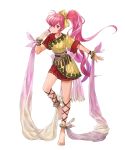  1girl barefoot bow dress fire_emblem fire_emblem:_mystery_of_the_emblem fire_emblem_heroes full_body hair_bow highres jewelry long_hair mayo_(becky2006) non-web_source official_art phina_(fire_emblem) pink_eyes pink_hair shiny shiny_hair short_dress short_sleeves solo tied_hair toes transparent_background 