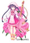  1girl :o apron bangs black_hair blush boots braid brown_footwear commentary_request eyebrows_visible_through_hair flower flower_knight_girl frilled_skirt frills full_body hair_between_eyes heart holding long_hair long_sleeves looking_at_viewer object_namesake official_art parted_lips pink_apron pink_flower puffy_long_sleeves puffy_sleeves purple_skirt shirt sidelocks simple_background skirt sleeves_past_wrists socks solo twin_braids usashiro_mani verbena_(flower_knight_girl) very_long_hair violet_eyes watermark white_background white_legwear white_shirt 