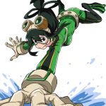  1girl :&gt; asui_tsuyu black_eyes black_hair blush bodysuit boku_no_hero_academia breasts commentary_request frog_girl gloves green_bodysuit hair_between_eyes hair_rings long_hair long_tongue looking_at_viewer low-tied_long_hair medium_breasts open_mouth simple_background smile solo tongue tongue_out water white_background yazwo 
