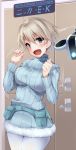  1girl ahoge belt blonde_hair blue_eyes blush brave_witches character_name cowboy_shot hands_up happy highres indoors locker locker_room looking_at_viewer nikka_edvardine_katajainen nksk open_mouth ribbed_sweater short_hair solo sweater turtleneck white_legwear world_witches_series 