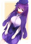 1girl absurdres alternate_costume beret breasts buttons eyebrows_visible_through_hair fate/grand_order fate_(series) food hat heroic_spirit_festival_outfit highres jacket_on_shoulders large_breasts long_hair long_sleeves looking_at_viewer mouth_hold popsicle purple_hair red_eyes scathach_(fate)_(all) scathach_skadi_(fate/grand_order) skirt tutinako watermelon_bar yellow_background 