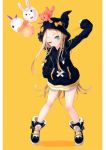  1girl ;o abigail_williams_(fate/grand_order) absurdres alternate_costume arm_up balloon bangs black_bow black_footwear black_hoodie blonde_hair blue_eyes blush boots bow chromatic_aberration eyebrows_visible_through_hair fate/grand_order fate_(series) forehead fou_(fate/grand_order) full_body hand_in_pocket head_tilt highres hood hood_up hoodie long_hair long_sleeves looking_at_viewer medjed non-web_source one_eye_closed orange_background orange_bow outstretched_arm parted_bangs parted_lips polka_dot polka_dot_bow scan signature simple_background sleeves_past_fingers sleeves_past_wrists solo standing stuffed_animal stuffed_toy teddy_bear twitter_username very_long_hair yano_mitsuki yellow_background 