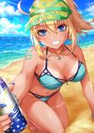  1girl ahoge aqua_bikini artist_name artoria_pendragon_(all) bangs bare_arms bare_shoulders barefoot beach bikini bikini_tan blonde_hair blue_bikini blue_eyes blue_nails blue_sky blush bracelet breasts can clouds collarbone commentary_request day eyebrows_visible_through_hair fate/grand_order fate_(series) grin groin hair_between_eyes hair_through_headwear halterneck highres holding jewelry kneeling large_breasts long_hair looking_at_viewer mysterious_heroine_xx_(foreigner) nail_polish navel necklace ocean outdoors ponytail sakiyamama shadow short_hair shoulder_tattoo sidelocks signature sky smile solo sparkle stomach sunlight swimsuit tan tanline tattoo thighs toenail_polish visor_cap wet 