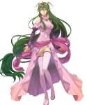  1girl boots breasts dress fire_emblem fire_emblem:_mystery_of_the_emblem fire_emblem_heroes full_body green_hair hair_ornament highres jewelry long_hair low_twintails medium_breasts nagi_(fire_emblem) non-web_source official_art okaya_mrh pink_dress pointy_ears shiny shiny_hair solo thigh-highs thigh_boots tiara transparent_background twintails very_long_hair 