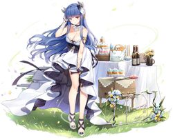  1girl alternate_costume armlet azur_lane bangs blue_eyes blue_hair blush breasts cake choker dress eyebrows_visible_through_hair feathers floating_hair food full_body gold hair_feathers hair_tucking heterochromia high_heels horns ibuki_(azur_lane) ibuki_(snow_on_the_wind)_(azur_lane) lace lace_choker large_breasts leaning_forward long_hair looking_at_viewer maya_g official_art red_eyes sapphire_(gemstone) sideboob sidelocks solo strapless strapless_dress table tachi-e transparent_background white_dress wind wrist_wrap 