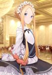  1girl abigail_williams_(fate/grand_order) alternate_costume black_skirt blonde_hair blue_eyes blush braid breasts dress enmaided fate/grand_order fate_(series) food forehead french_braid frills heroic_spirit_festival_outfit juu_roku_gen keyhole long_hair long_sleeves looking_at_viewer maid maid_headdress skirt sleeves_past_fingers sleeves_past_wrists small_breasts smile solo stuffed_animal stuffed_toy teddy_bear very_long_hair white_dress 