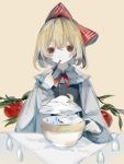 1girl absurdres apple black_vest blonde_hair bow bowl branch chinese_commentary chopsticks clouds commentary_request crescent_moon eating food fruit hair_bow highres holding holding_chopsticks leaf long_sleeves moon rain red_bow rumia shirt short_hair simple_background solo surreal tassel touhou vest white_shirt zhixie_jiaobu 