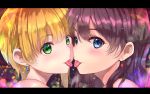  2girls :3 bangs bare_shoulders blonde_hair blue_eyes blunt_bangs blush cheek-to-cheek close-up earrings eyebrows_visible_through_hair eyelashes face french_kiss gem green_eyes hair_between_eyes ichinose_shiki idolmaster idolmaster_cinderella_girls jewelry kiss letterboxed light_particles long_hair looking_at_viewer miyamoto_frederica multiple_girls night panbai purple_hair saliva saliva_trail short_hair single_sidelock tongue tongue_out wavy_hair yuri 