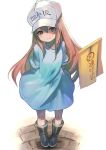  1girl bangs blue_shirt boots brown_eyes brown_hair commentary_request flag flat_cap fuyouchu hair_between_eyes hat hataraku_saibou headwear_writing long_hair looking_at_viewer platelet_(hataraku_saibou) shirt short_sleeves simple_background smile solo white_background white_headwear 