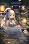  1girl artist_name bangs bare_arms bare_legs bare_shoulders barefoot blunt_bangs breasts burning commentary dragalia_lost english_commentary eyebrows_visible_through_hair fire flower full_body hair_bun hair_flower hair_ornament hentaki highres knees_up lantern long_hair medium_breasts naked_towel night night_sky outdoors partially_submerged petals petals_on_liquid ponytail red_eyes red_flower sazanka_(dragalia_lost) sidelocks silver_hair sitting sky solo star_(sky) starry_sky towel very_long_hair water watermark web_address 