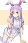  1girl alternate_costume animal_ears arm_support bangs blush breasts commentary dress eyebrows_visible_through_hair feet_out_of_frame hair_between_eyes hand_up holding holding_syringe long_hair looking_at_viewer medium_breasts nurse purple_hair rabbit_ears red_eyes reisen_udongein_inaba rin_falcon short_dress short_sleeves sidelocks simple_background sitting smile solo syringe thigh-highs thighs touhou very_long_hair white_background white_dress white_legwear zettai_ryouiki 