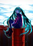  1girl ankle_boots aqua_eyes aqua_hair backlighting blue_sky boots closed_mouth clouds cloudy_sky commentary_request day expressionless from_side full_body hatsune_miku hood hood_down itanoma leg_hug long_hair long_sleeves looking_at_viewer looking_to_the_side platform_boots sitting sky solo thigh-highs thighhighs_under_boots twintails very_long_hair vocaloid 