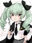  1girl anchovy bangs belt cape dated drill_hair gabgabznzo-go girls_und_panzer green_hair hair_ribbon happy_birthday long_hair long_sleeves looking_at_viewer necktie red_eyes ribbon simple_background skirt smile solo twin_drills twintails 