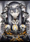  1girl bangs blurry blurry_background cable choker commentary_request cyborg gia grey_eyes headgear highres long_hair looking_at_viewer mechanical_hands original pale_skin signature silver_hair skull solo straight_hair tattoo 