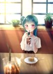  1girl absurdres bangs bendy_straw blue_hair blurry blurry_background blurry_foreground blush closed_mouth commentary_request cup day depth_of_field drinking drinking_glass drinking_straw eyebrows_visible_through_hair fork hair_bun hands_up highres holding holding_cup indoors long_hair love_live! love_live!_sunshine!! luna_(mi-chanman) plant potted_plant saucer shirt short_sleeves side_bun sidelocks solo sunlight tsushima_yoshiko upper_body violet_eyes white_shirt window 