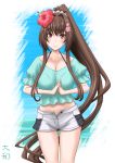  1girl alternate_costume brown_hair cherry_blossoms collarbone flower green_shirt grey_shorts hair_flower hair_ornament hibiscus highres kantai_collection long_hair looking_at_viewer midriff navel ponytail red_flower shirt short_shorts short_sleeves shorts smile solo t2r very_long_hair violet_eyes yamato_(kantai_collection) 